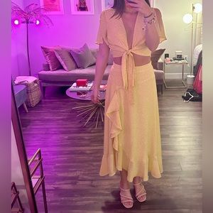 Lulu’s | Two Piece Yellow Polka Dot Matching Set: Top and Midi Skirt Size Medium